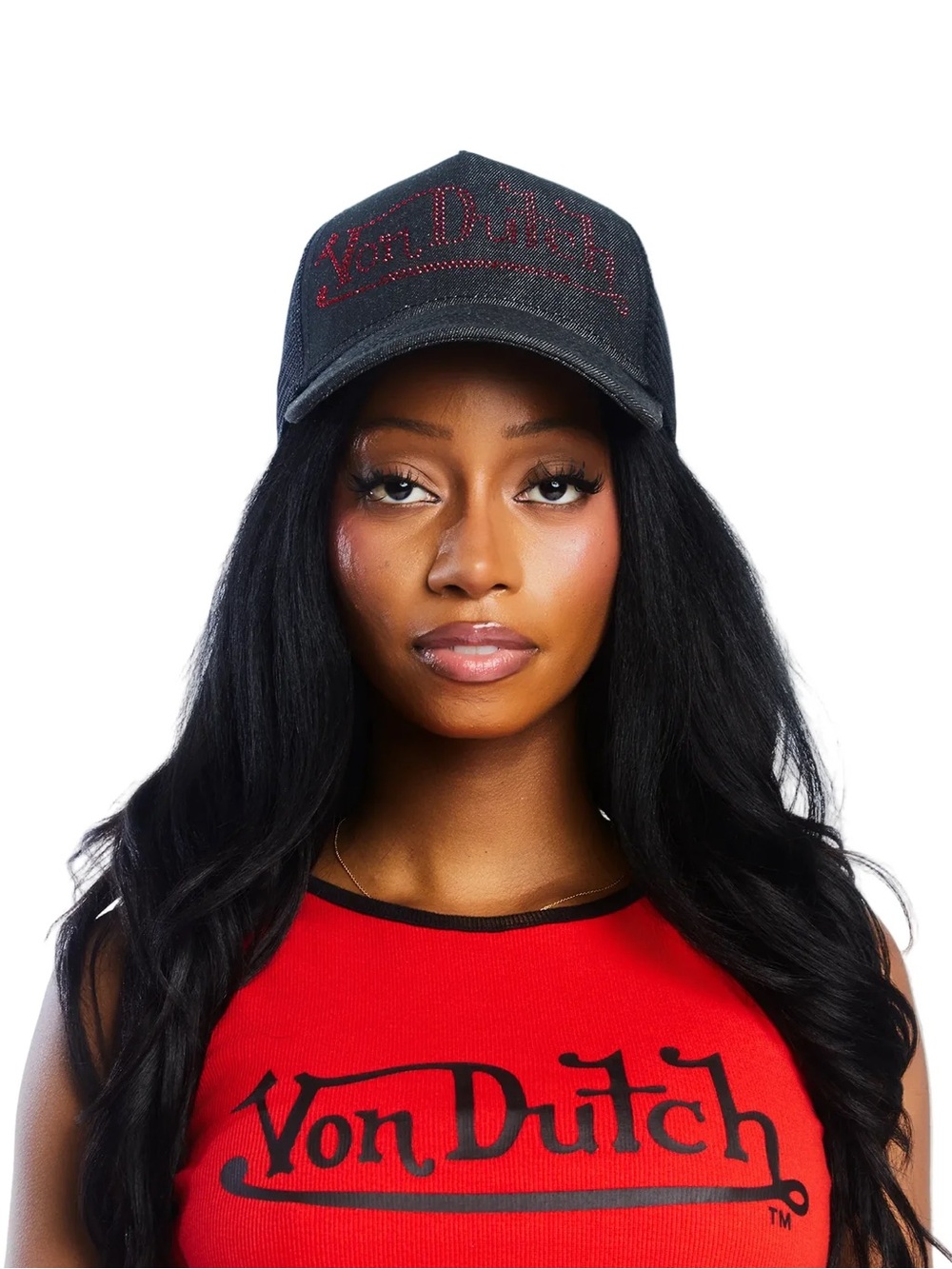 Von Dutch Black Red Rhinestone Trucker Hat